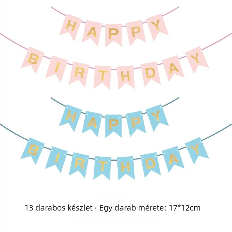 Happy Birthday felirat arany fóliával, halcsont alakú zászló, falidekoráció