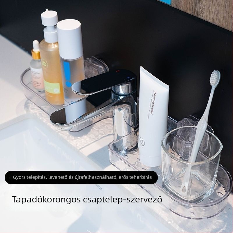 Vákuumos falra szerelhető fürdőszobai tároló mosdó és csaptele elé, a tükör előtt