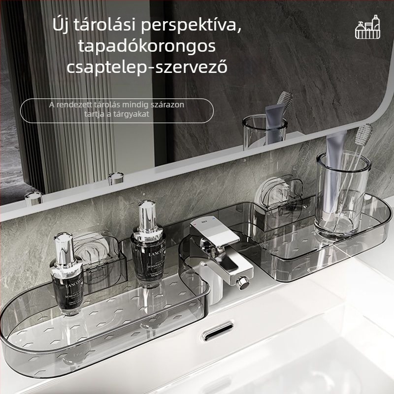 Vákuumos falra szerelhető fürdőszobai tároló mosdó és csaptele elé, a tükör előtt