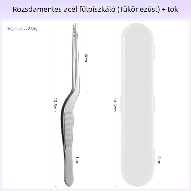 Szakmai fültisztító készlet: csipeszek rozsdamentes acélból, fülklipszek és fültálka krokodil-fogszerű kivitelben, gyerekeknek és felnőtteknek