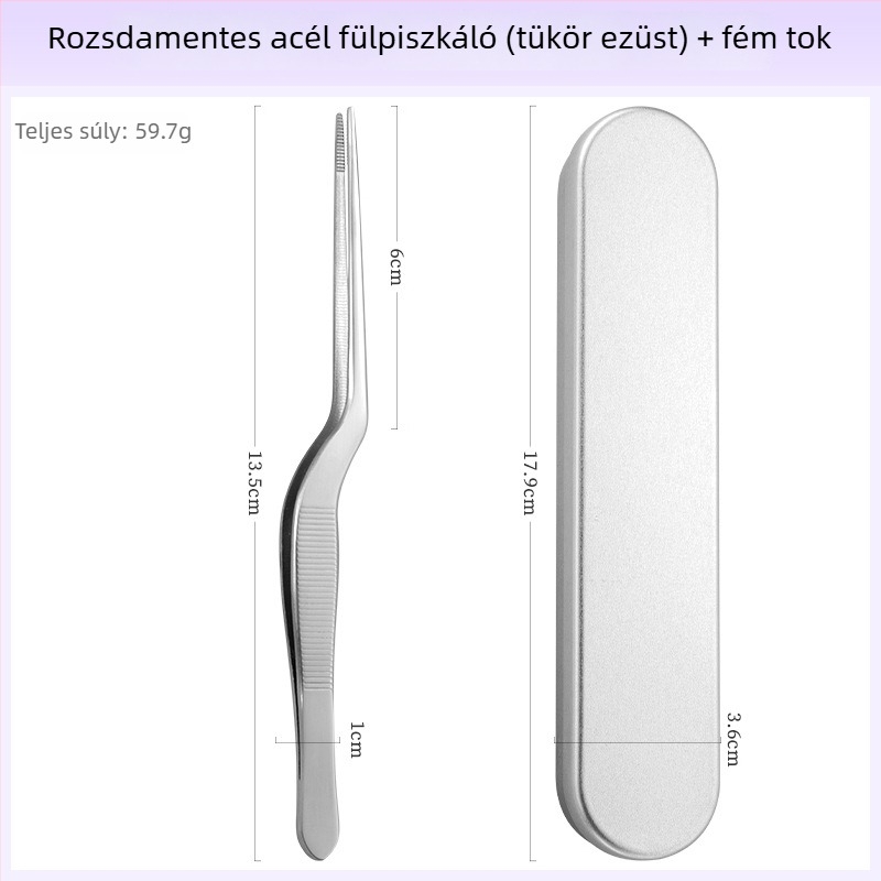 Szakmai fültisztító készlet: csipeszek rozsdamentes acélból, fülklipszek és fültálka krokodil-fogszerű kivitelben, gyerekeknek és felnőtteknek