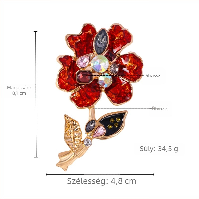 Gyémántokkal díszített vintage virág brooch, zománcolt virággal, női ruházathoz