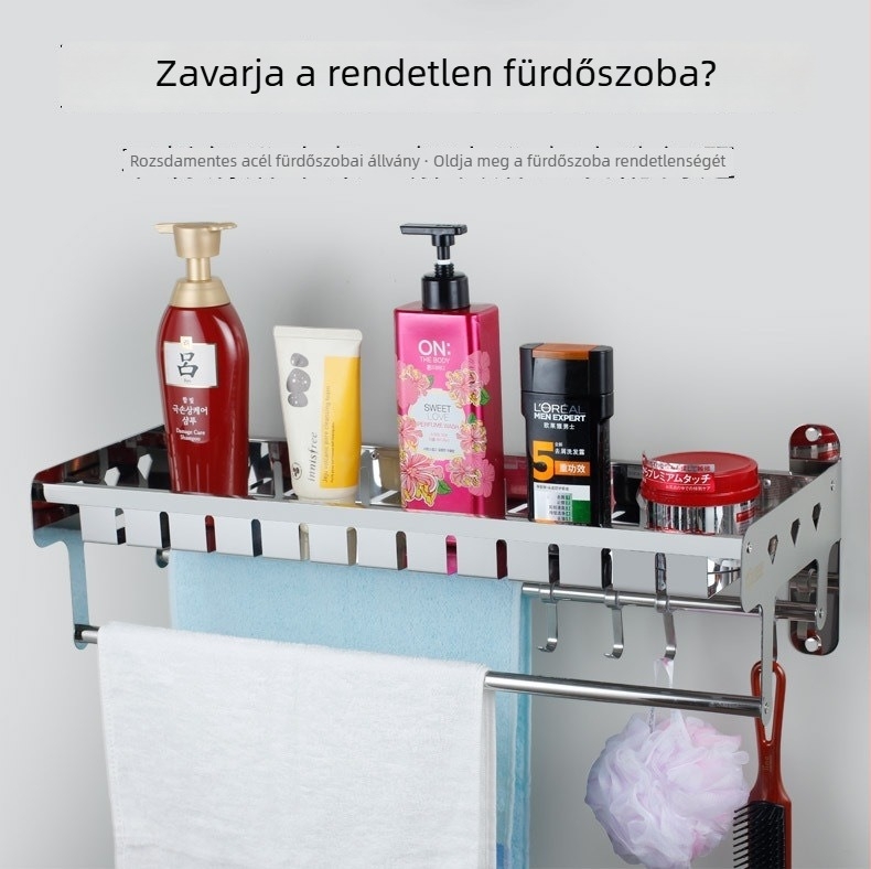 Fúrás nélküli, 304 rozsdamentes acél falra szerelhető tároló konyha- és fürdőszobára, törölközőtartóval, többfunkciós, megvastagodott hornyolt panel