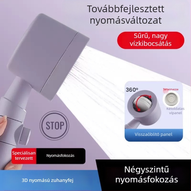 Kézi zuhanyfej szűrővel és nyomásfokozóval, elzáródás elleni védelemmel