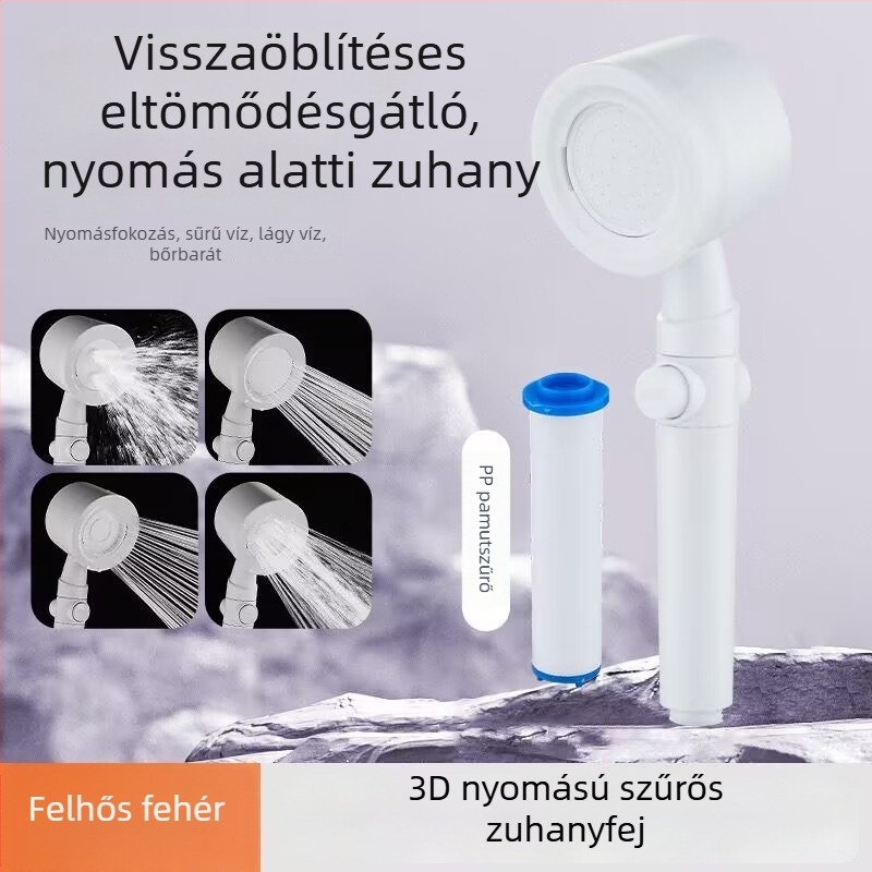 Kézi zuhanyfej szűrővel és nyomásfokozóval, elzáródás elleni védelemmel