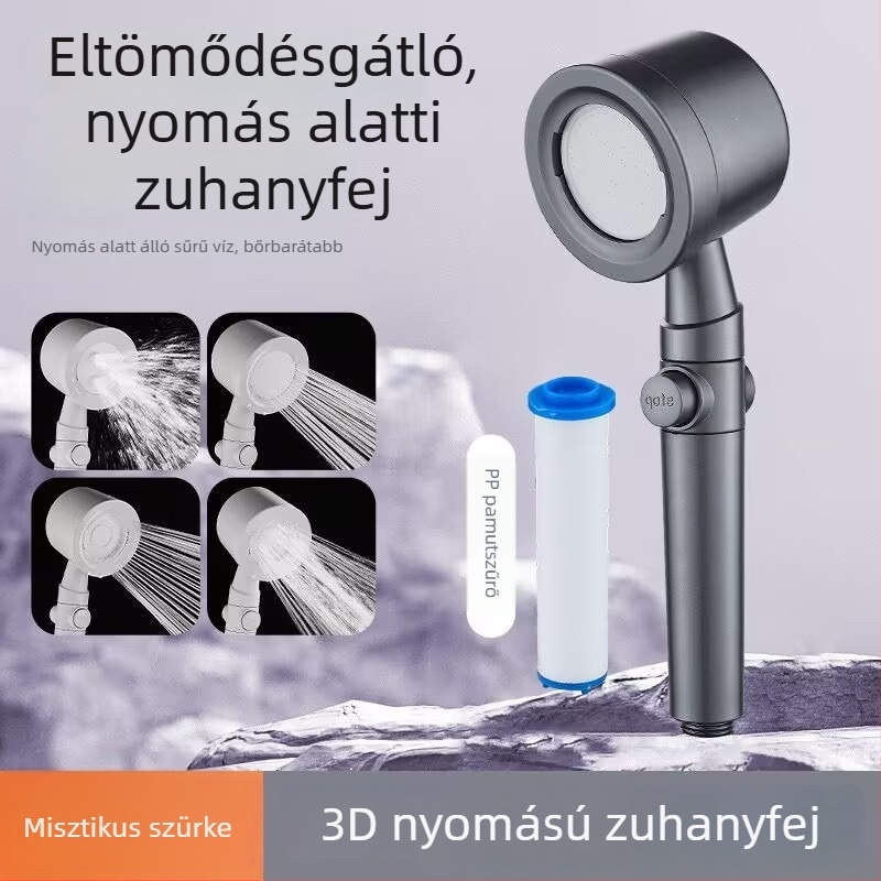 Kézi zuhanyfej szűrővel és nyomásfokozóval, elzáródás elleni védelemmel