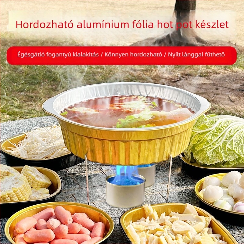 Egyszer használatos alumíniumfóliás forró fazék kempingezéshez, kültéri használatra, 2,1–4 literes kapacitás, nem elektromos.