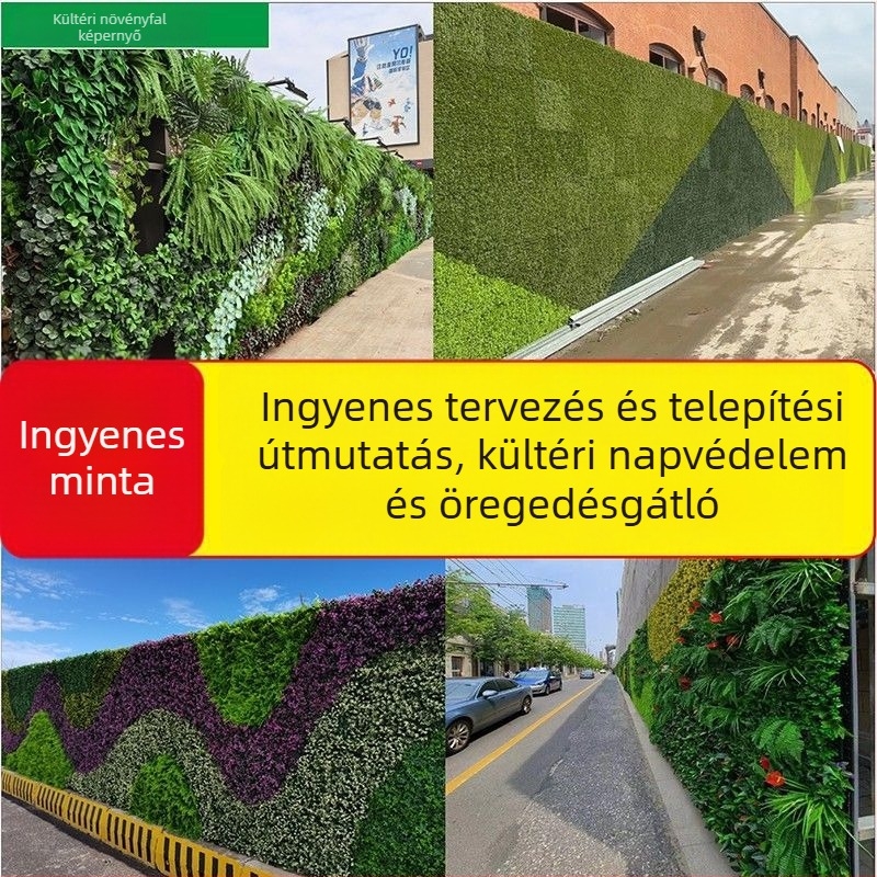 Mű zöldfal kültéri terekhez és műfüves dekorációval, ideális az építkezési területek kerítésének díszítésére