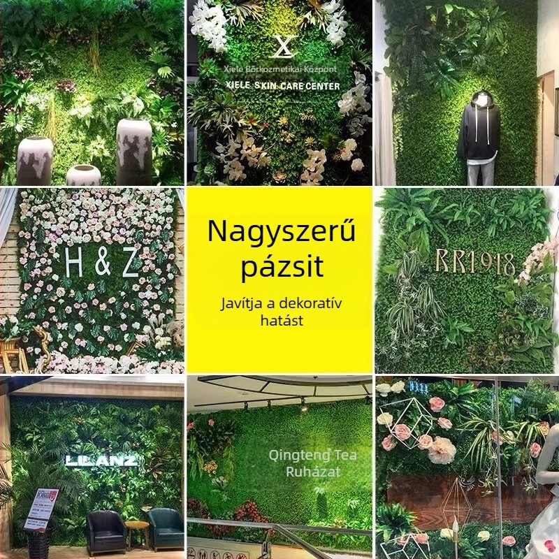 Mű zöldfal kültéri terekhez és műfüves dekorációval, ideális az építkezési területek kerítésének díszítésére