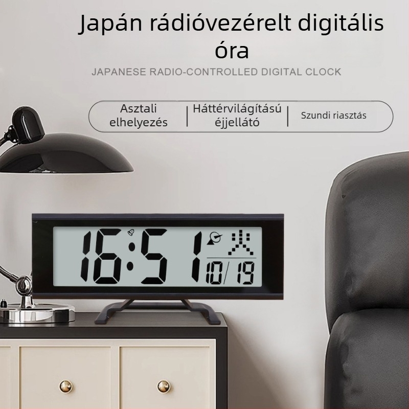 LCD rádió-vezérelt óra automatikus időkorrekcióval, asztali néma digitális ébresztőóra snooze funkcióval