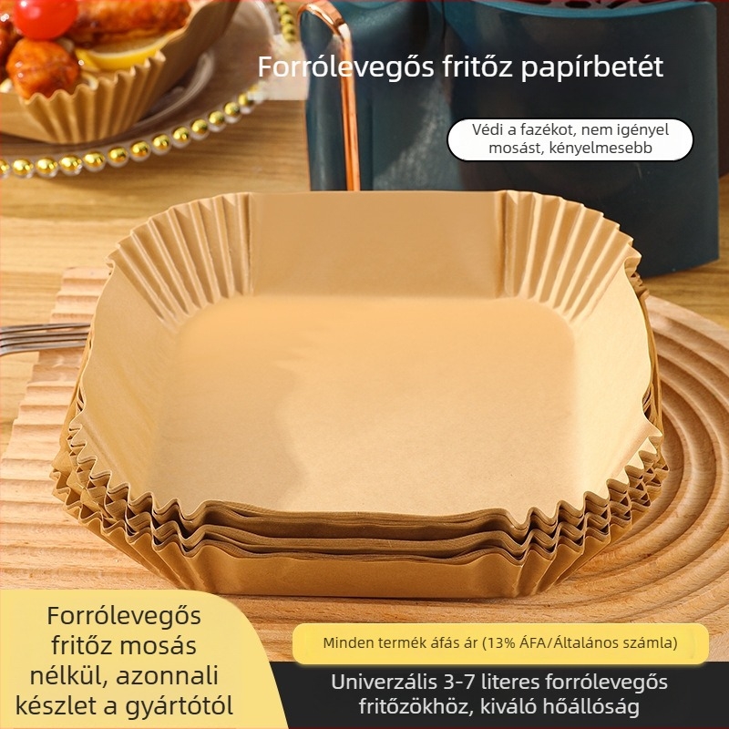 Négyzet alakú légsütőpapír – olajfelszívó, zsírtartó, élelmiszer-biztonsági minőségű, hőálló sütéshez és grillezéshez.