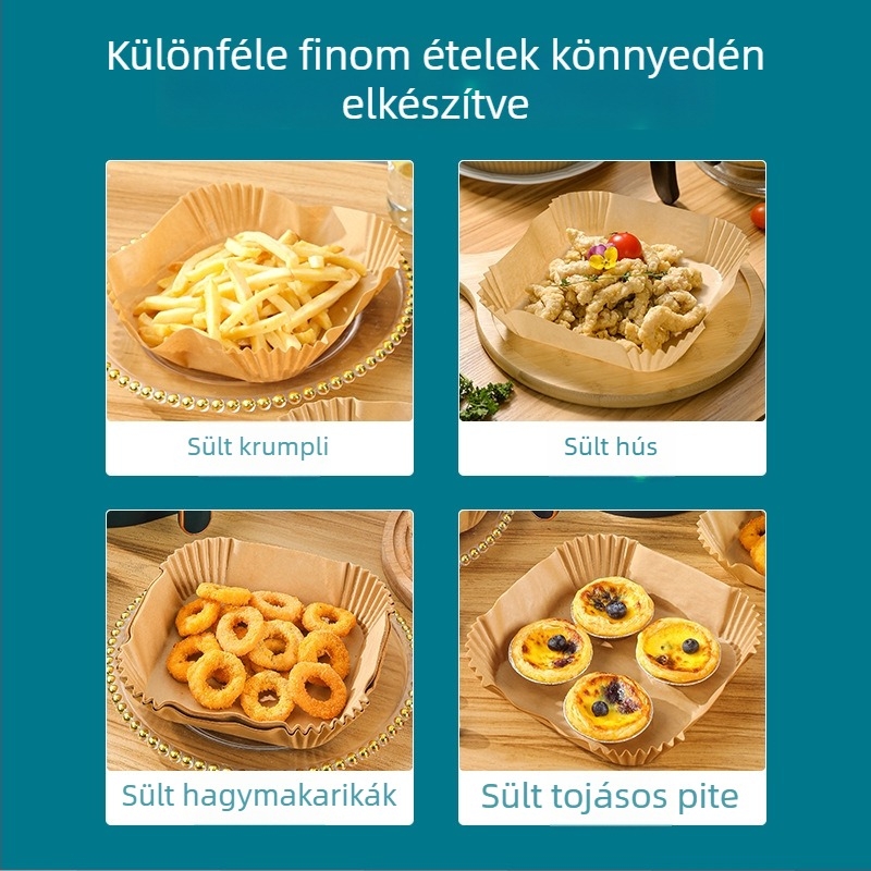 Négyzet alakú légsütőpapír – olajfelszívó, zsírtartó, élelmiszer-biztonsági minőségű, hőálló sütéshez és grillezéshez.