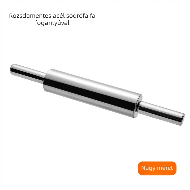Rozsdamentes acélból készült tészta-nyújtó roller fa nyéllel, ideális sütéshez és tészta nyújtásához