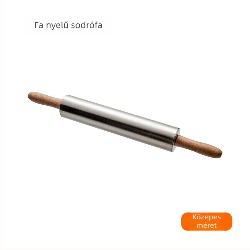 Rozsdamentes acélból készült tészta-nyújtó roller fa nyéllel, ideális sütéshez és tészta nyújtásához