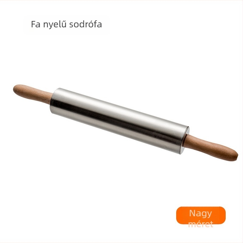 Rozsdamentes acélból készült tészta-nyújtó roller fa nyéllel, ideális sütéshez és tészta nyújtásához
