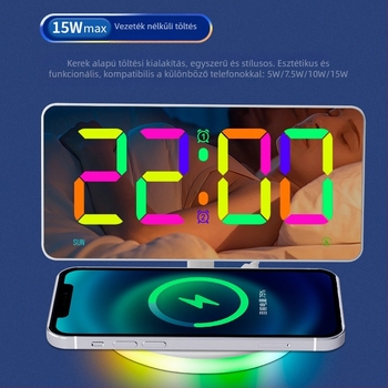 Új RGB tükrös ébresztőóra nagyméretű LED kijelzővel, vezeték nélküli töltéssel, éjjeli fény és asztali digitális óra