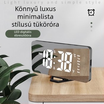 Minimalista, magas színvonalú LED tükrös ébresztőóra asztali kivitelben, USB táplálás, digitális kijelző és éjjeli fény