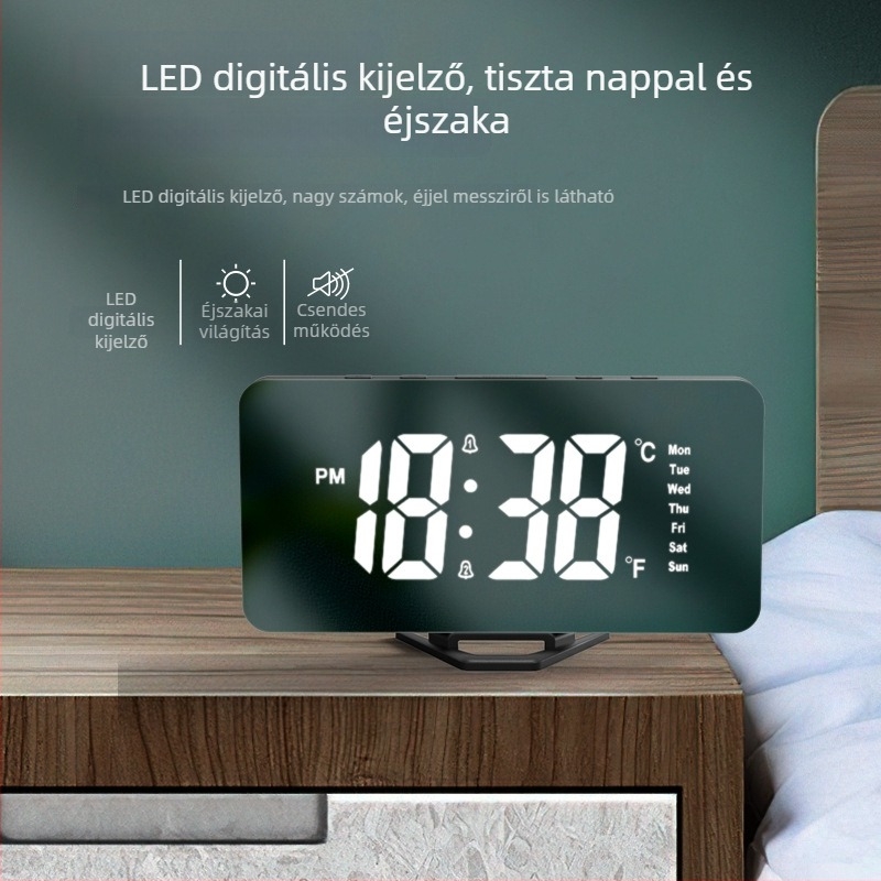 Minimalista, magas színvonalú LED tükrös ébresztőóra asztali kivitelben, USB táplálás, digitális kijelző és éjjeli fény