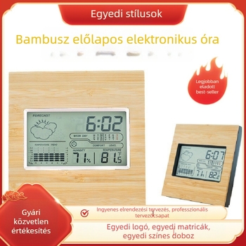 Bambuszból készült asztali óra dátummal, hét napjával, hőmérséklettel és időjárás-előrejelzéssel, digitális ébresztőóra