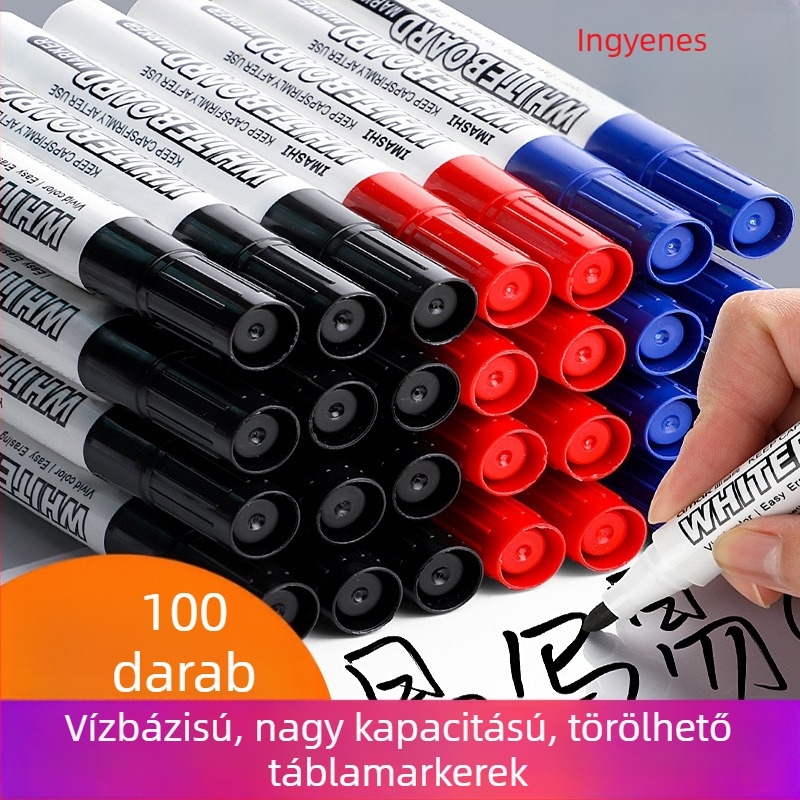 Vízbázisú fehér táblára marker, gyerekbarát, piros, kék és fekete, nagy fejű, könnyen törölhető íráshoz