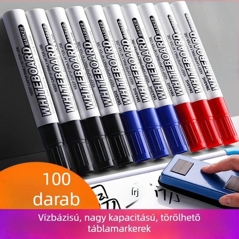 Vízbázisú fehér táblára marker, gyerekbarát, piros, kék és fekete, nagy fejű, könnyen törölhető íráshoz