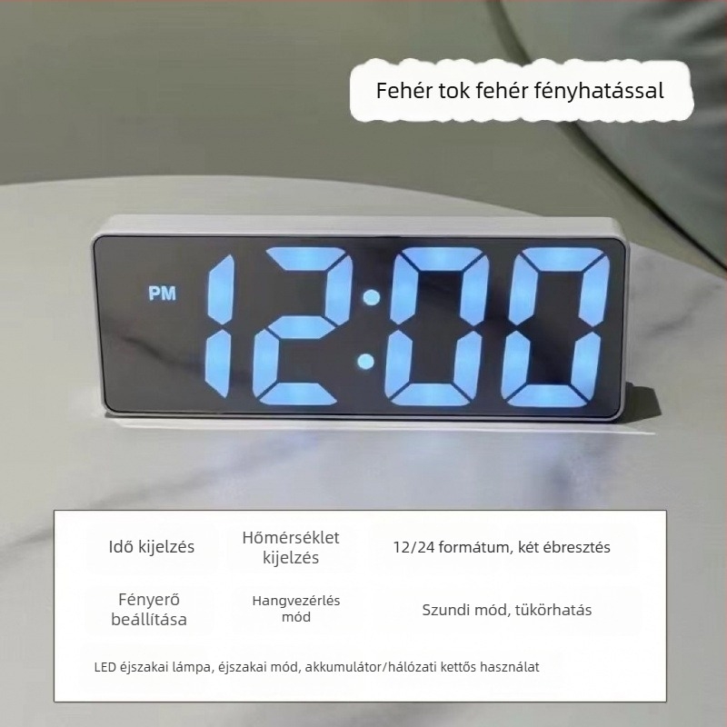 Fényes tükrös asztali óra LED-digital kijelzővel és elektronikus ébresztővel