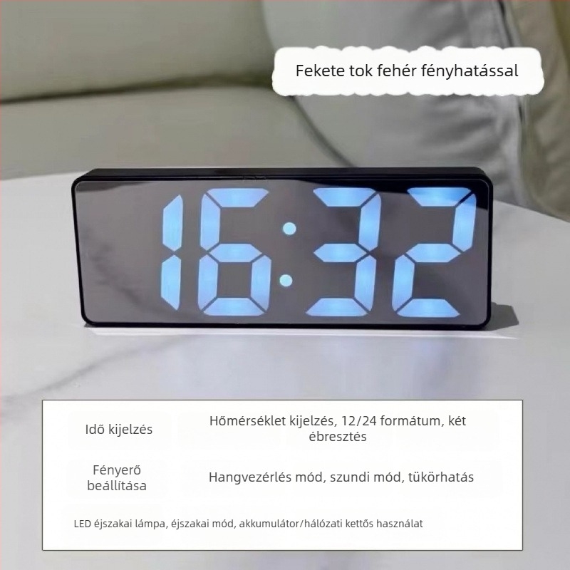 Fényes tükrös asztali óra LED-digital kijelzővel és elektronikus ébresztővel