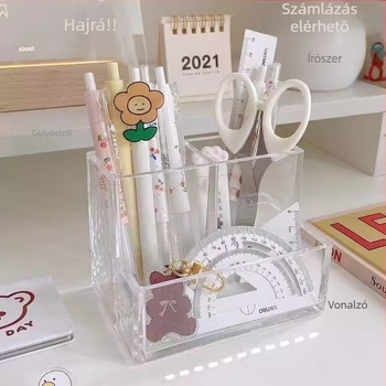 Átlátszó háromrekeszes tolltartó asztali szervező acrilból, DIY, négyzet alakú, diákoknak