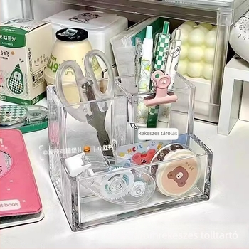 Átlátszó háromrekeszes tolltartó asztali szervező acrilból, DIY, négyzet alakú, diákoknak