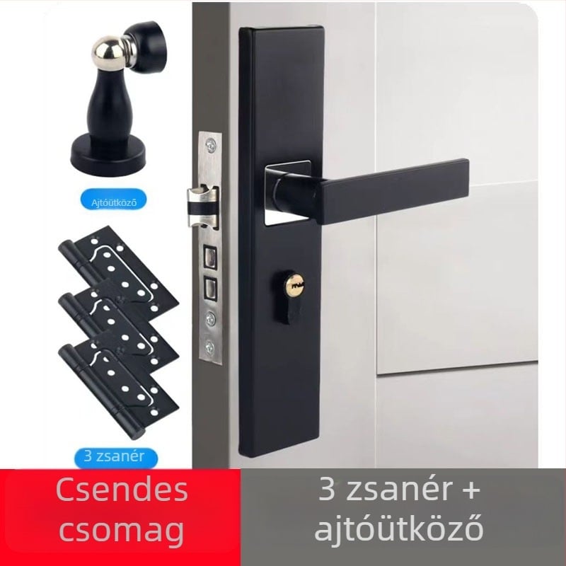 Fekete belső hálószoba ajtózár fa ajtóhoz, mágneses, hangtalan zár, modern minimalista stílus