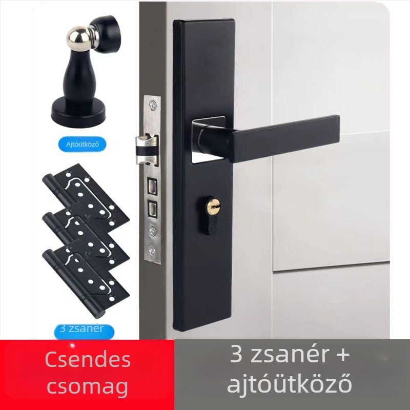 Fekete belső hálószoba ajtózár fa ajtóhoz, mágneses, hangtalan zár, modern minimalista stílus