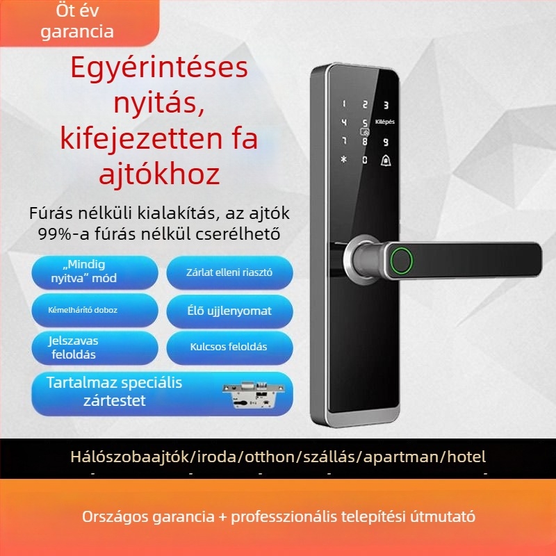 Fa ajtó okos zár otthonra, belső szoba, lakás, panzió – ujjlenyomat zár, jelszó, elektronikus belső ajtó zár