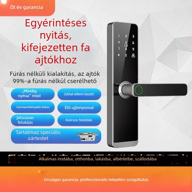 Fa ajtó okos zár otthonra, belső szoba, lakás, panzió – ujjlenyomat zár, jelszó, elektronikus belső ajtó zár