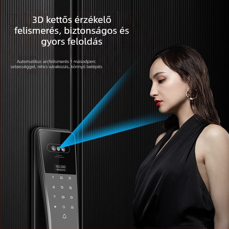 3D arcfelismerés és ujjlenyomat alapú intelligens ajtózár otthoni használatra, videóinterkommal, jelszóval és lopás elleni védelemmel