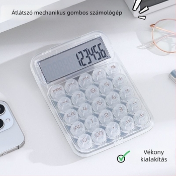 Átlátszó fehér kör alapú mechanikus gombos számológép, 12 számjegy kijelző, irodai, pénzügyi és számviteli felhasználásra