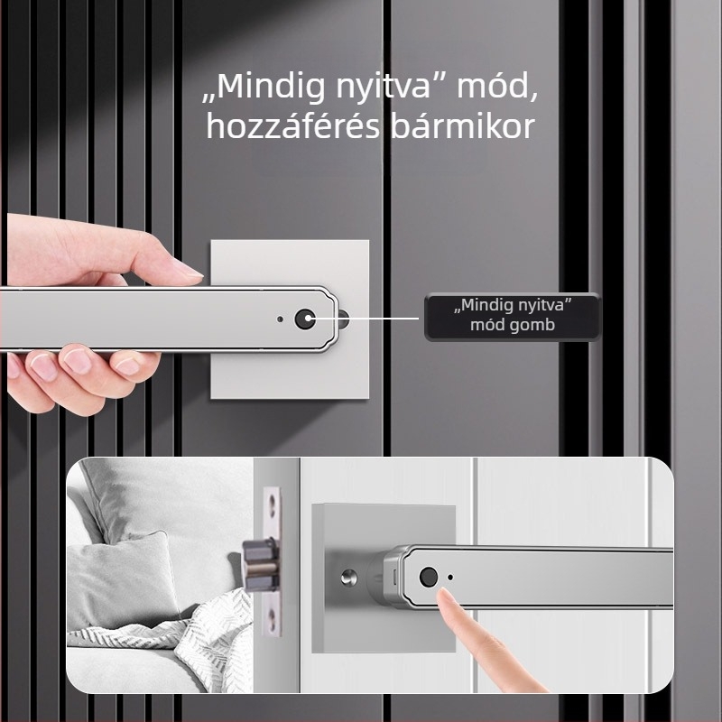 Intelligens zár ajtóhoz, ujjlenyomat- és jelszavas, kettős nyitás, lopás elleni elektronikus kilincs