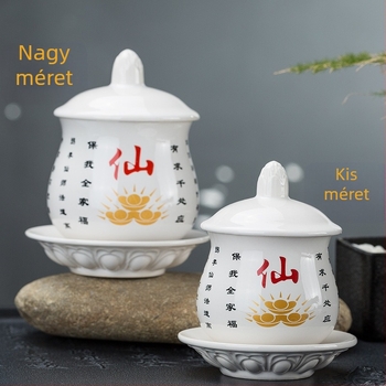 Kerámia vízadó pohár Guanyinnal, Nagy együttérzés mantra, Guan Gong a Bőség Istene, Bagua jel, fehér szentvíz tartó