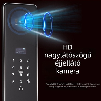 Intelligens zár arcfelismeréssel és kamerával, elektronikus ajtózár, hozzáférés jelszóval vagy ujjlenyomattal