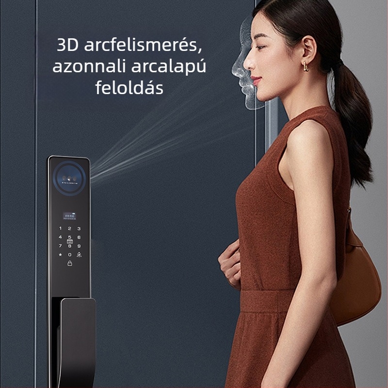 Intelligens zár arcfelismeréssel és kamerával, elektronikus ajtózár, hozzáférés jelszóval vagy ujjlenyomattal