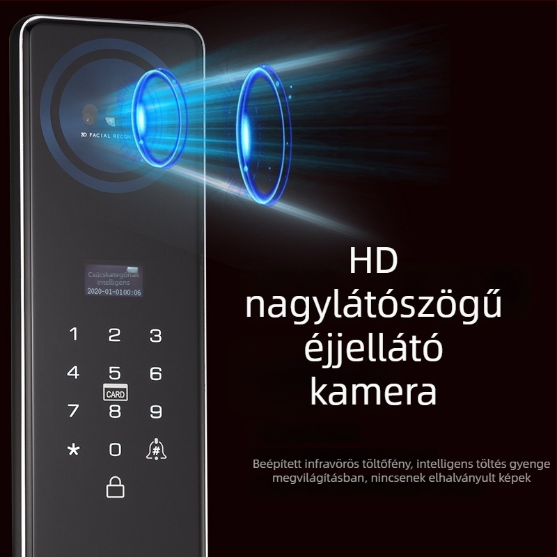 Intelligens zár arcfelismeréssel és kamerával, elektronikus ajtózár, hozzáférés jelszóval vagy ujjlenyomattal