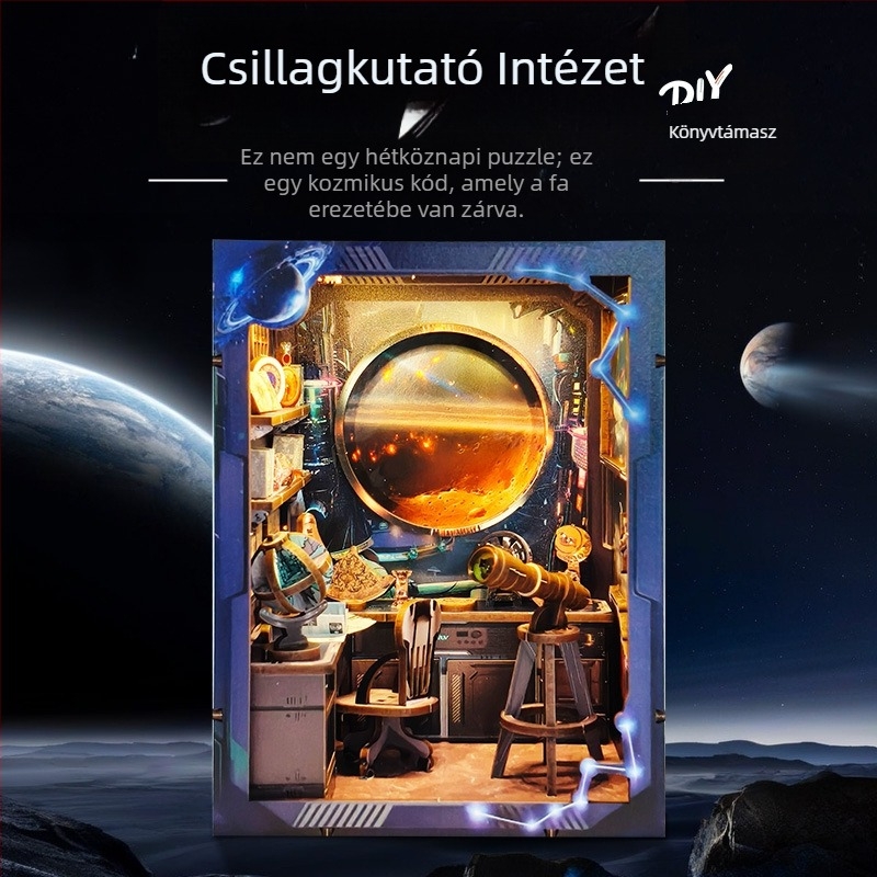 DIY Fa Könyvállvány: Csillagászati Kutatóintézet, kézzel összeállítva, 3D mini kunyhó, rejtvény dekoráció