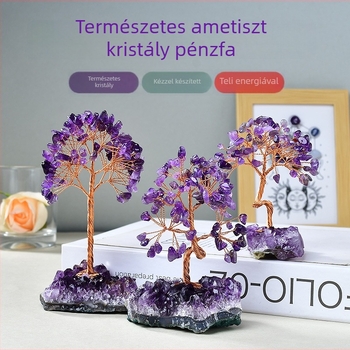 Ametisztből készült szerencsefa kristályalappal — otthoni dekoráció, modern minimalist stílus, lila
