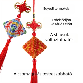 Autóba akasztható háromoldalas keresztszemes hímzés, béke talizmán gyöngyökkel, piros alap, 14ct vászonkészlet
