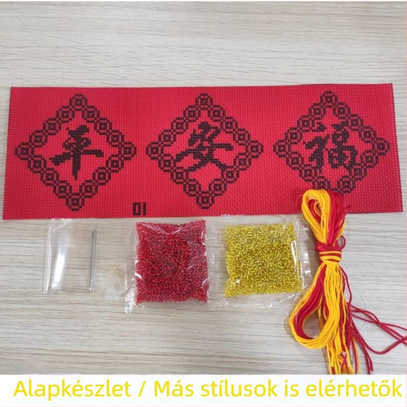 Autóba akasztható háromoldalas keresztszemes hímzés, béke talizmán gyöngyökkel, piros alap, 14ct vászonkészlet