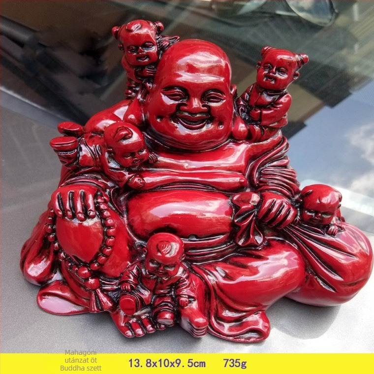Hat darabos műgyanta Buddha-szobor készlet, tartalmazza a Maitreya Budát és a Nevető Budát, mahagóni arany és piros felülettel.