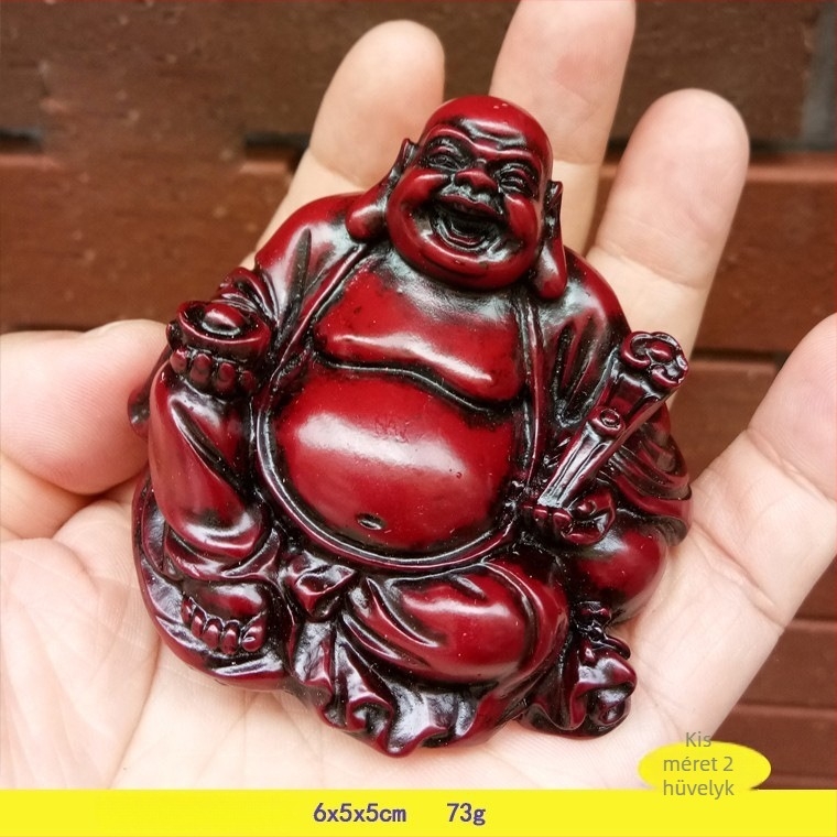 Hat darabos műgyanta Buddha-szobor készlet, tartalmazza a Maitreya Budát és a Nevető Budát, mahagóni arany és piros felülettel.