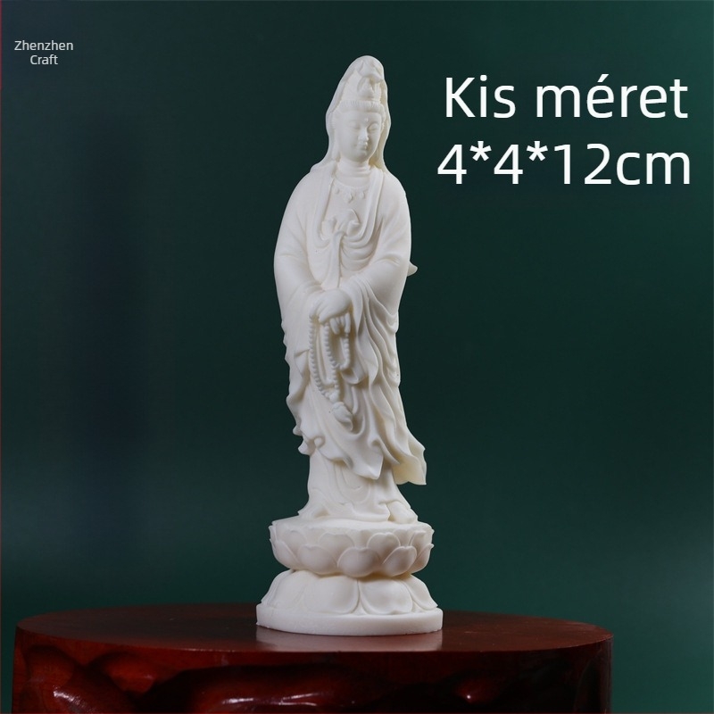 Guanyin Bodhisattva szobra lótusz trónon, kezében rózsafüzér