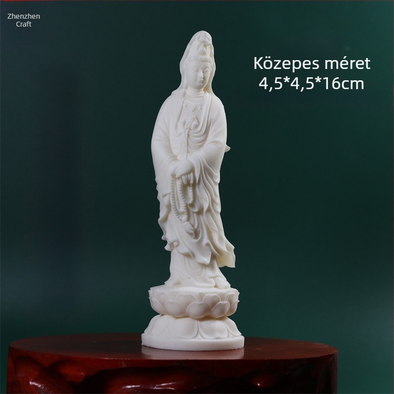 Guanyin Bodhisattva szobra lótusz trónon, kezében rózsafüzér