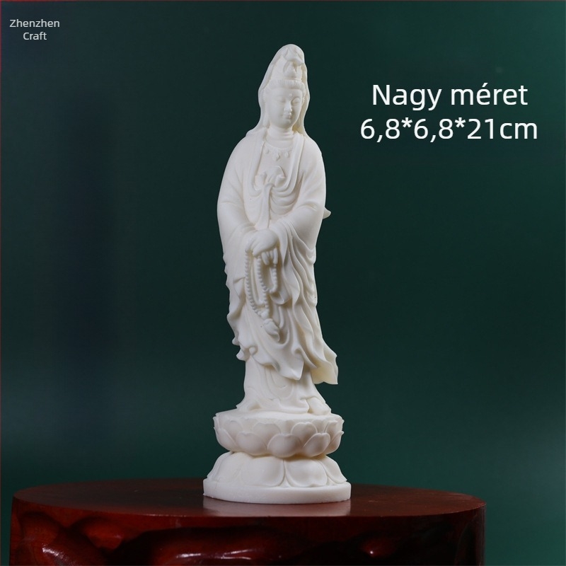 Guanyin Bodhisattva szobra lótusz trónon, kezében rózsafüzér