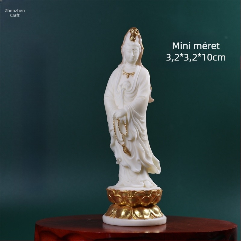 Guanyin Bodhisattva szobra lótusz trónon, kezében rózsafüzér